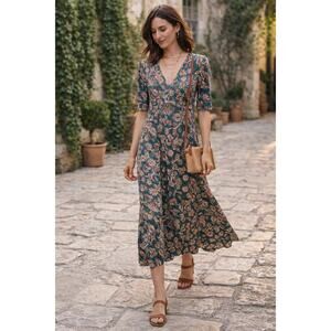 Boden Paisley Midi Dress Green Pink Boho Print Flowy V-Neck Size 4R